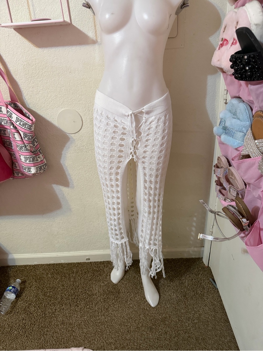 White Crochet Lace-Up Fringe Beach swim coverup skirt Large